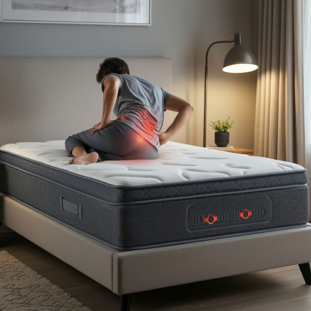 Person experiencing lower back pain while sitting on a memory foam mattress, indicating discomfort caused by sagging and improper spinal alignment.