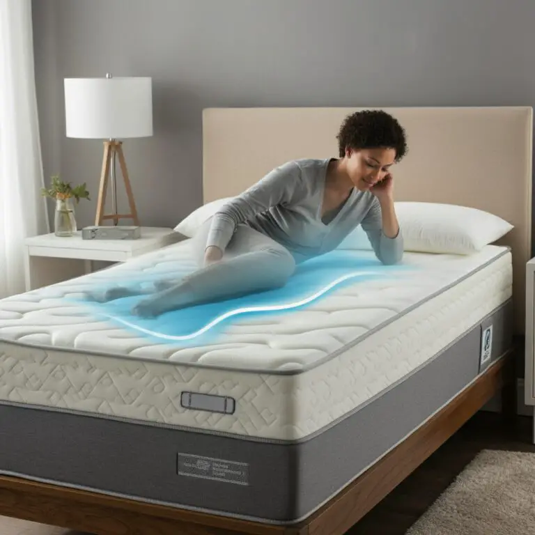 Woman lying on a cooling memory foam mattress, demonstrating spinal alignment and back support to relieve back pain.